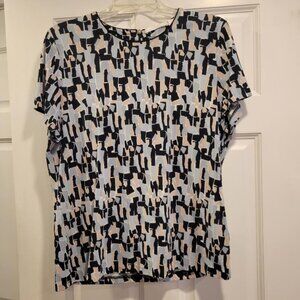 Soft blue, black and beige patterned short sleeve blouse, designer BOSS, size XL